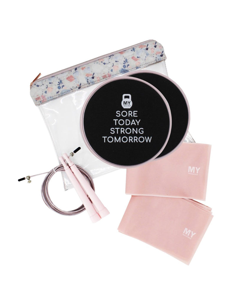 MyTagAlongs Workout Kit - Terrazzo pink colour - skipping rope, 2 glider discs, , 2 resistance bands, clear zip pouch