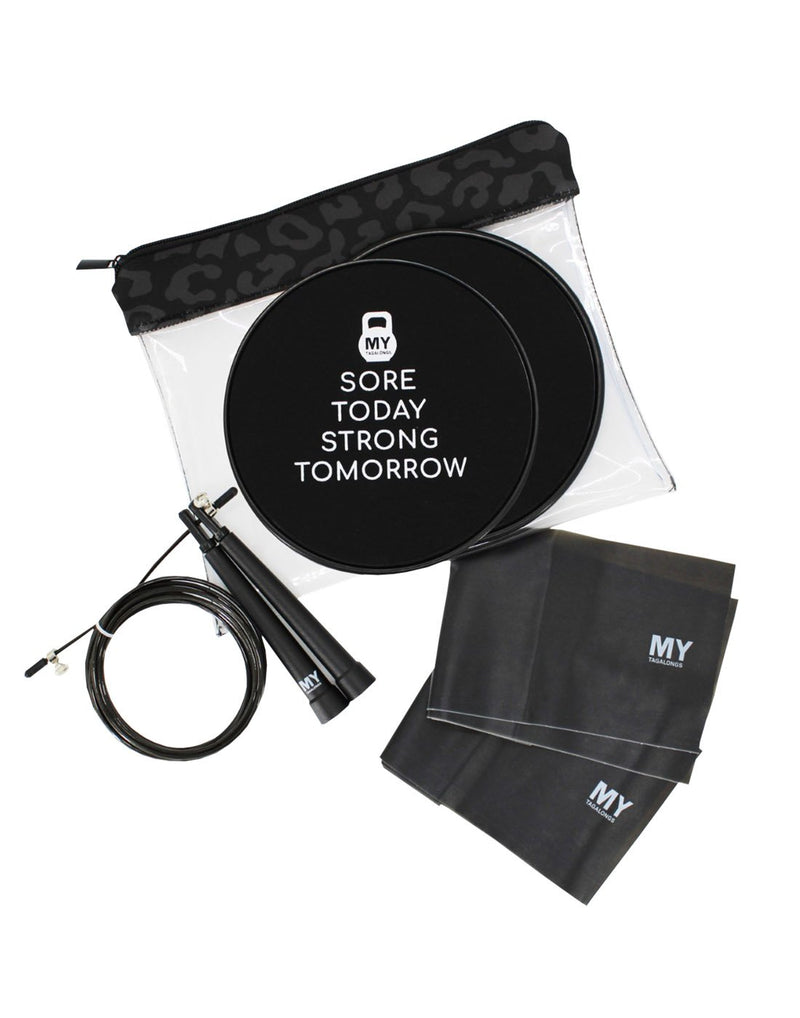 MyTagAlongs Workout Kit - Leopard black colour - skipping rope, 2 glider discs, , 2 resistance bands, clear zip pouch