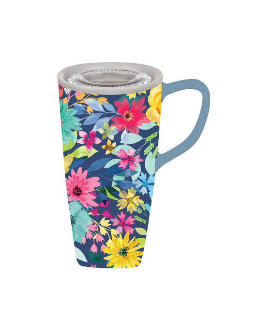 Product Image – Ceramic FLOMO 360 Travel Cup - 17 oz Summer Garden design with flowers and blue handle