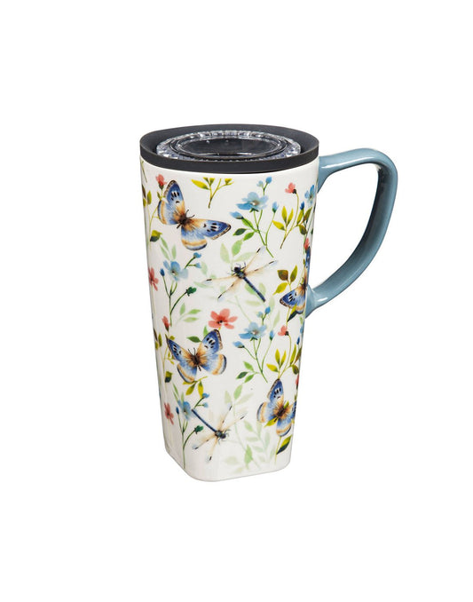 Product Image – Ceramic FLOMO 360 Travel Cup - 17 oz Wildflower Farm design with butterflies and flowers and blue handle