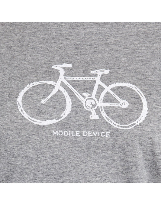 Product Image – Life is Good Women's Mobile Device Bike Breezy Tee - heather grey, close up of white graphic of a bicycle with words "Mobile Device" below