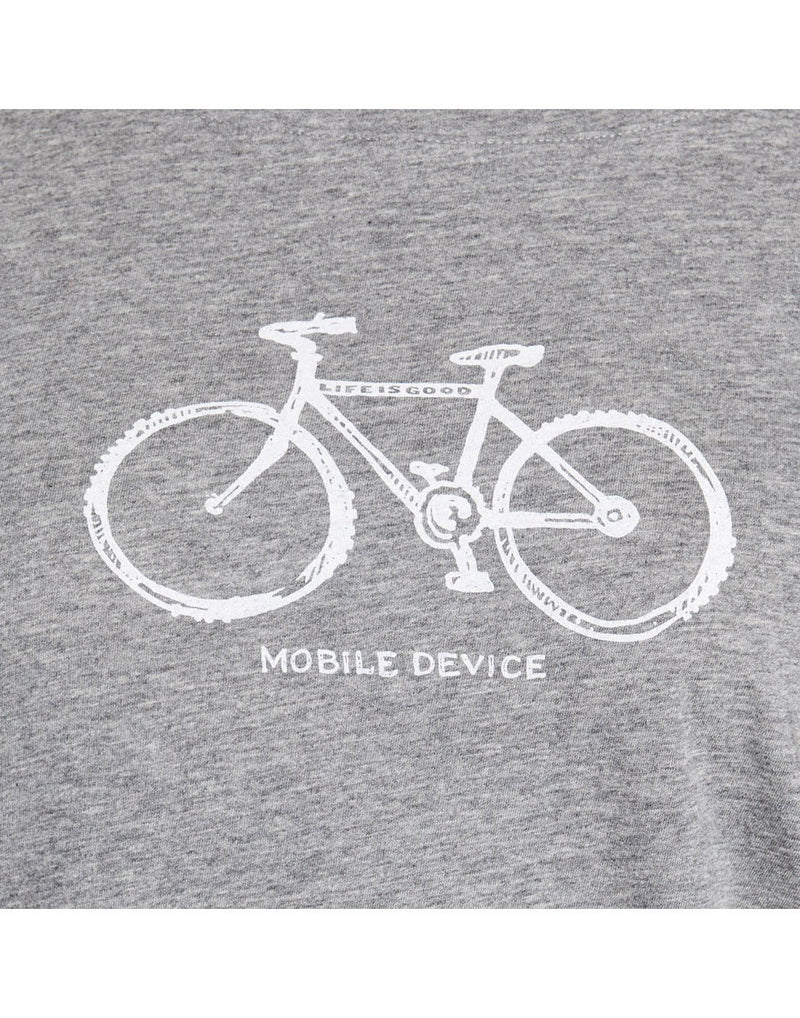 Life is Good Women's Mobile Device Bike Breezy Tee - heather grey, close up of white graphic of a bicycle with words "Mobile Device" below