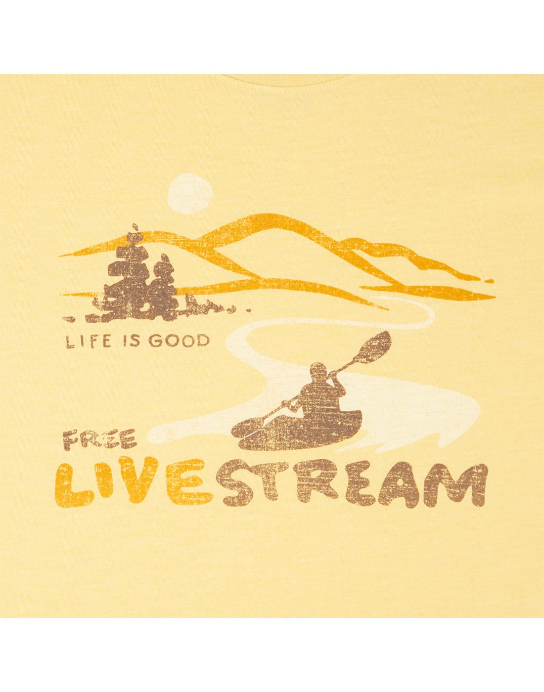 Life is Good Men's Live Stream Cool Tee - light yellow, close up of graphic silhouette of person kayaking in river with mountains and trees in the distance with words "Free Live Stream" below