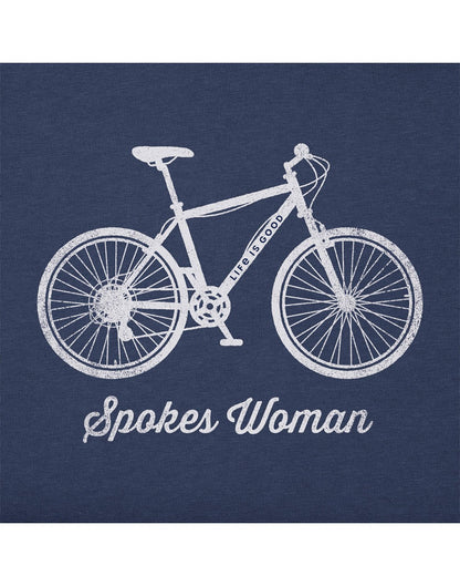 Life is Good Women's Spokes Woman Crusher Vee - darkest blue, close up of white bicycle graphic with words "Spokes Woman" below