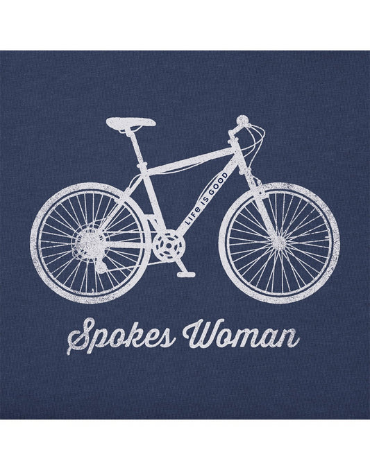 Product Image – Life is Good Women's Spokes Woman Crusher Vee - darkest blue, close up of white bicycle graphic with words "Spokes Woman" below