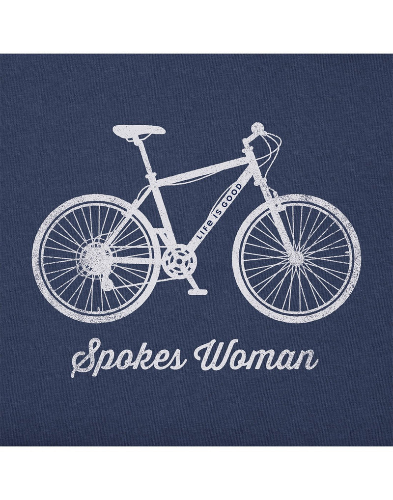 Life is Good Women's Spokes Woman Crusher Vee - darkest blue, close up of white bicycle graphic with words "Spokes Woman" below