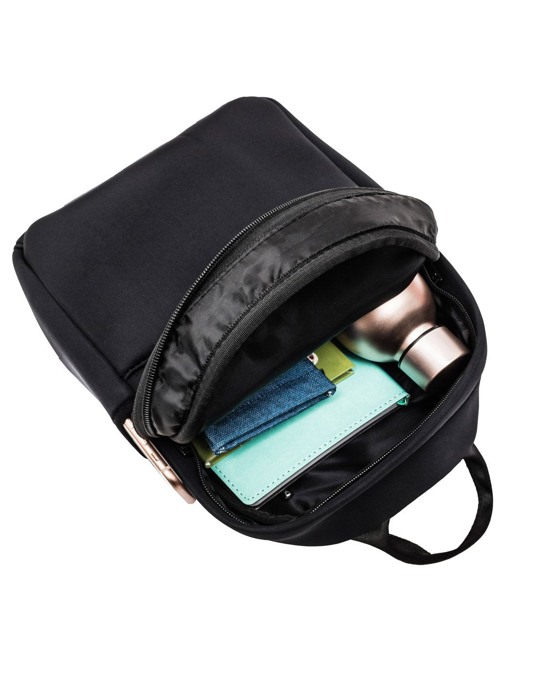 MyTagAlongs Mini Backpack - everleigh onyx black unzipped showing notebook and water bottle inside