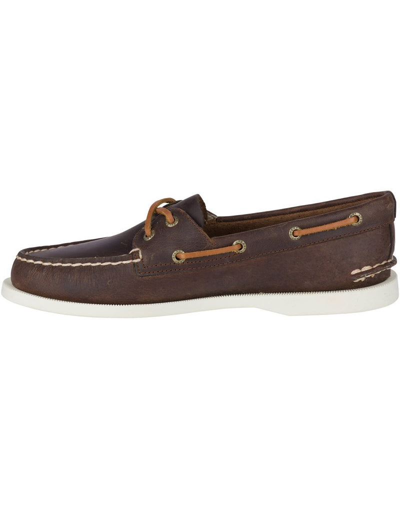 Women's authentic original 2-eye boat shoe classic brown leather colour left side view