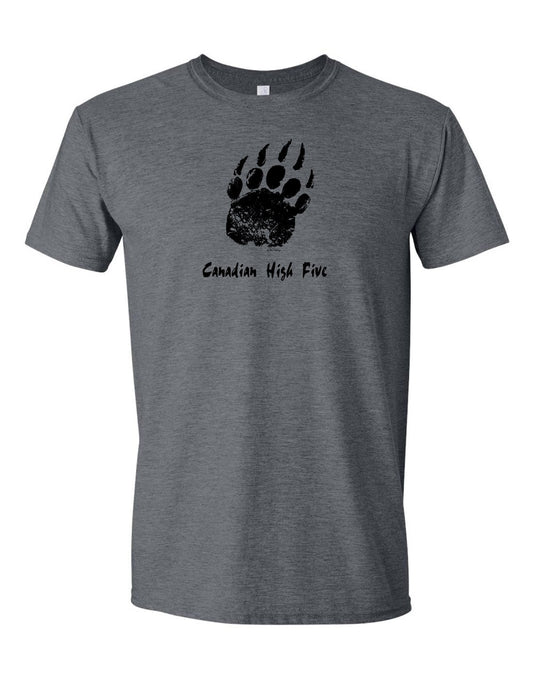 Product Image – Unisex Soft Style T-Shirt in dark heather grey with black bear paw print on front and words Canadian High Five underneath