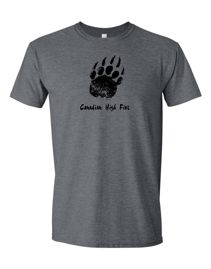 Unisex Soft Style T-Shirt in dark heather grey with black bear paw print on front and words Canadian High Five underneath