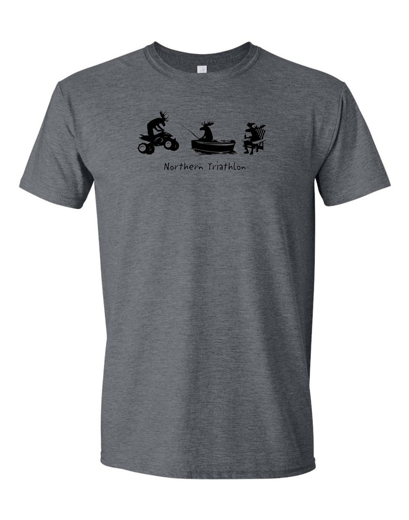 Unisex Soft Style T-Shirt in dark heather grey with black silhouette pictures of a moose riding an ATV, a moose fishing in a boat, and a moose sitting in a chair with a beer and words Northern Triathlon below