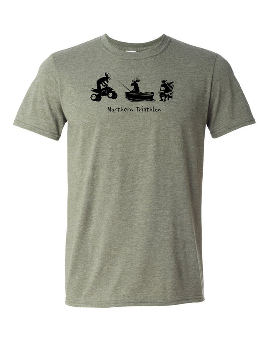 Product Image – Unisex Soft Style T-Shirt in heather military green with black silhouette pictures of a moose riding an ATV, a moose fishing in a boat, and a moose sitting in a chair with a beer and words Northern Triathlon below