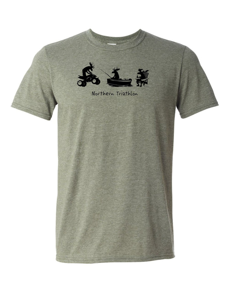 Unisex Soft Style T-Shirt in heather military green with black silhouette pictures of a moose riding an ATV, a moose fishing in a boat, and a moose sitting in a chair with a beer and words Northern Triathlon below