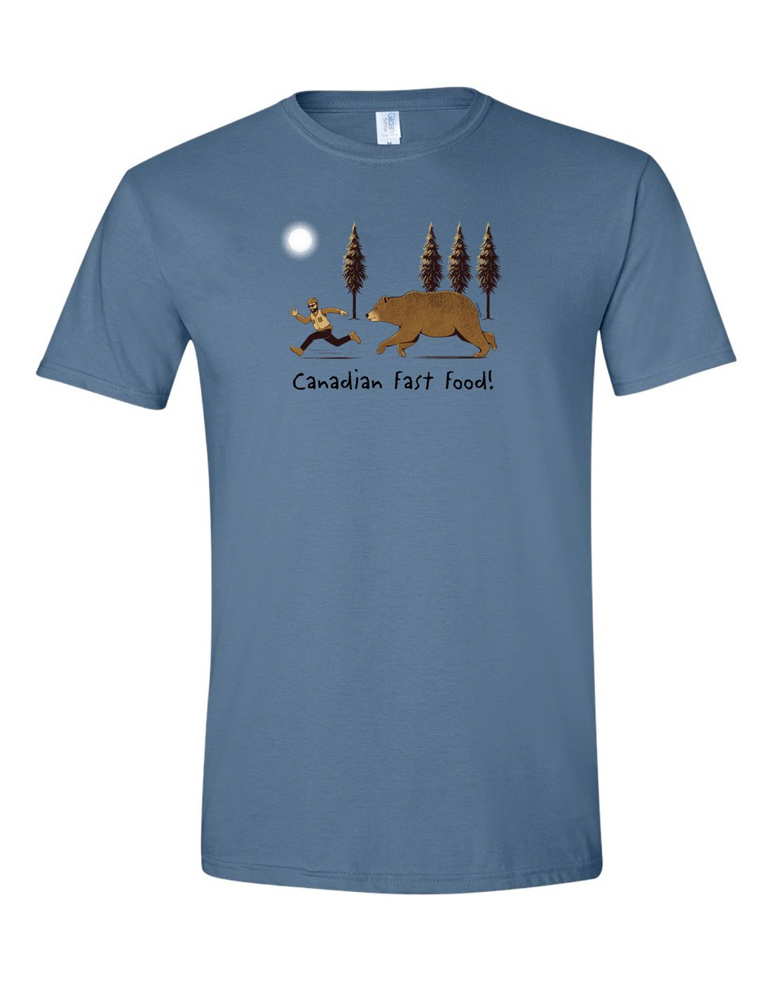 Unisex Soft Style T-Shirt in Indigo Blue with man running away from brown bear in forest and words Canadian Fast Food! underneath