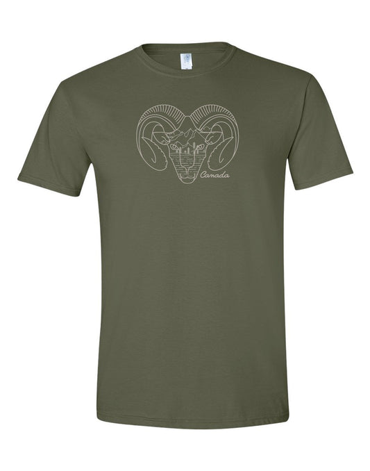 Product Image – Unisex Soft Style T-Shirt in military green with white ram's head outline and word Canada on the front