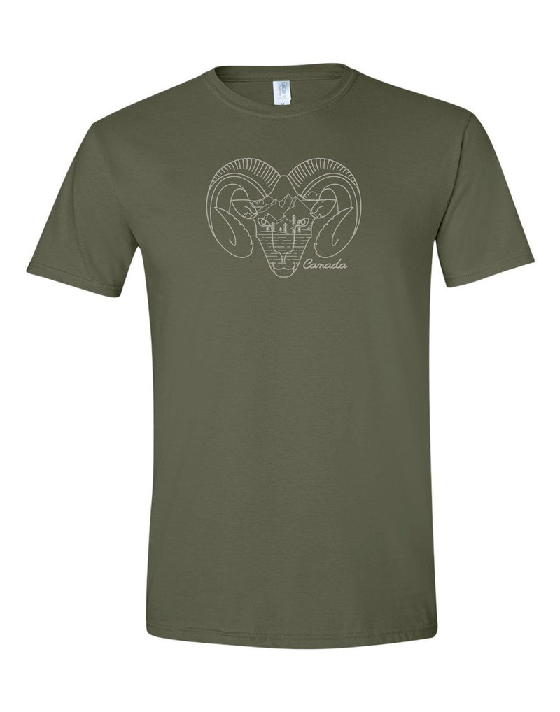 Unisex Soft Style T-Shirt in military green with white ram's head outline and word Canada on the front