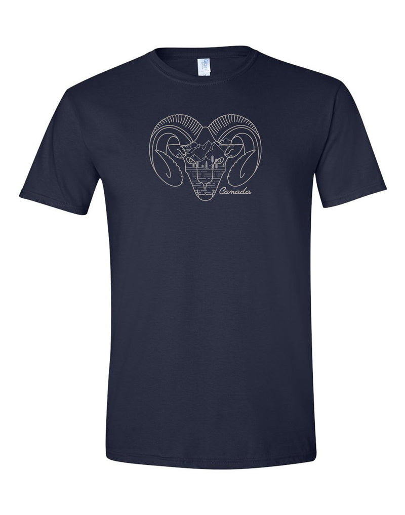 Unisex Soft Style T-Shirt in navy with white ram's head outline and word Canada on the front
