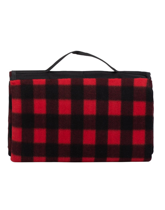 Product Image – Red and black buffalo plaid Austin House Travel Picnic Blanket folded up, back view