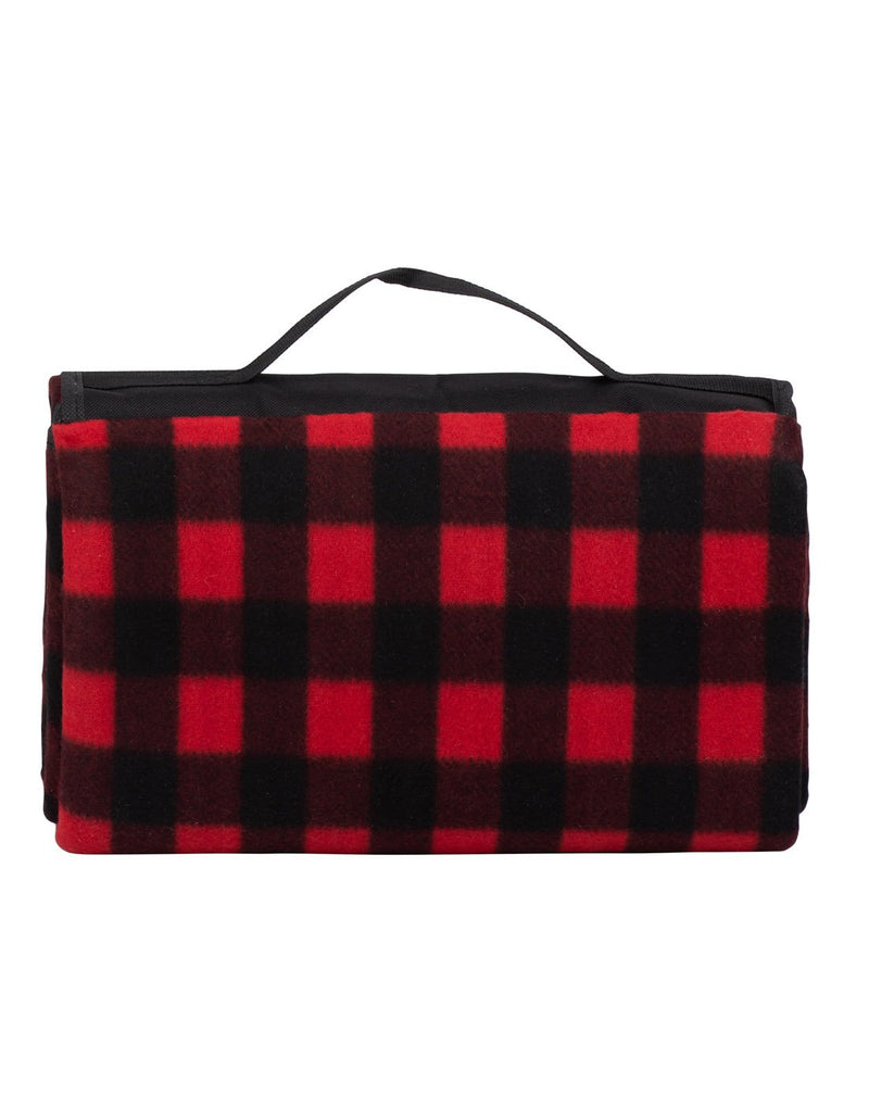 Red and black buffalo plaid Austin House Travel Picnic Blanket folded up, back view