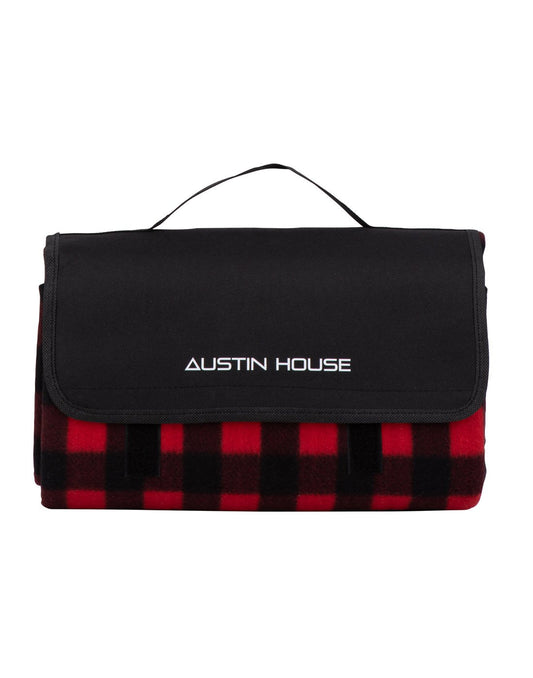 Product Image – Red and black buffalo plaid Austin House Travel Picnic Blanket folded up, front view