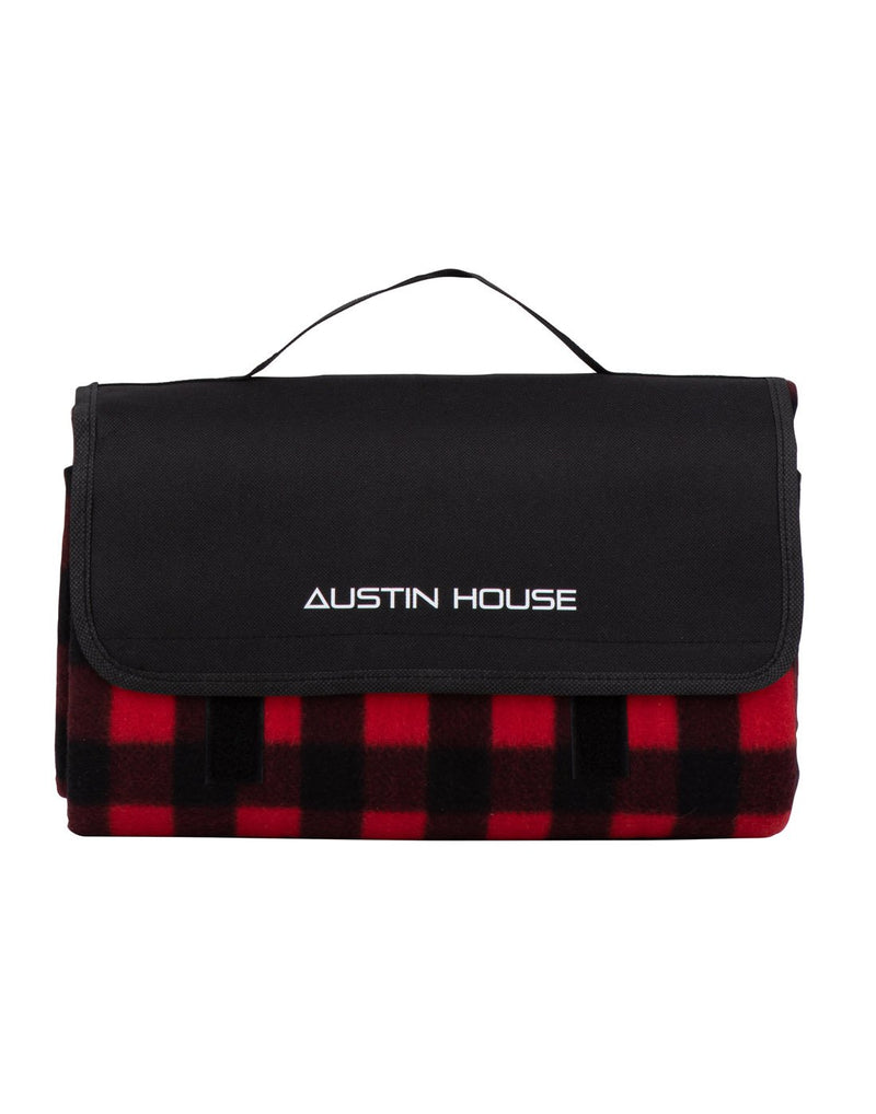 Red and black buffalo plaid Austin House Travel Picnic Blanket folded up, front view