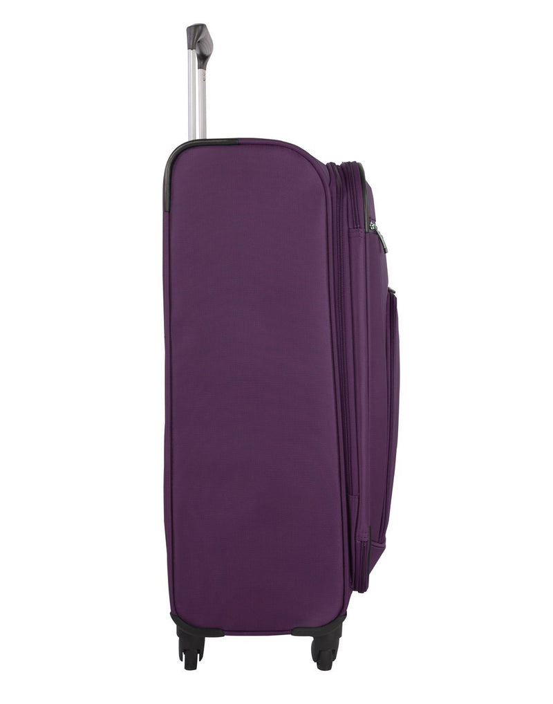 Atlantic solstice 3 piece spinner purple colour luggage set left side view with opened handle