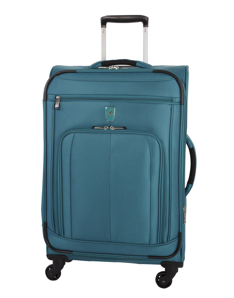 Atlantic solstice 3 piece spinner teal colour luggage set opened side handle front view