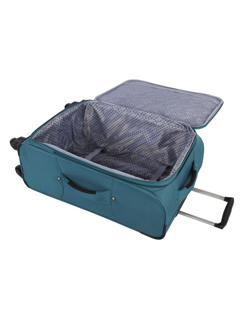 Atlantic solstice 3 piece spinner luggage set teal colour inside view with opened handle