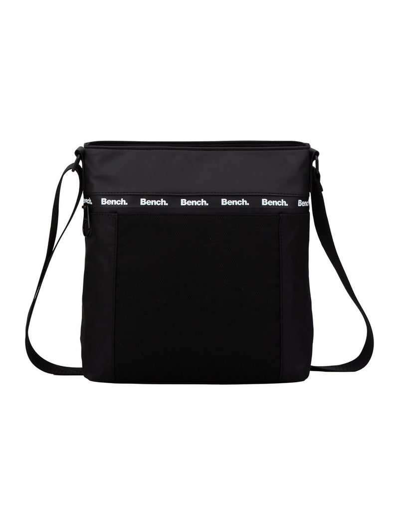 Bench Hukary Crossbody in black, front view with stripe of white Bench logos across bag