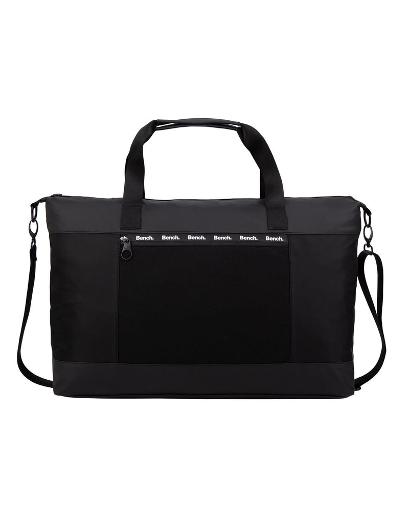 Bench Hukary Weekender Bag in black with top grab handles and shoulder strap, front view with zippered pocket and white Bench logos above zipper