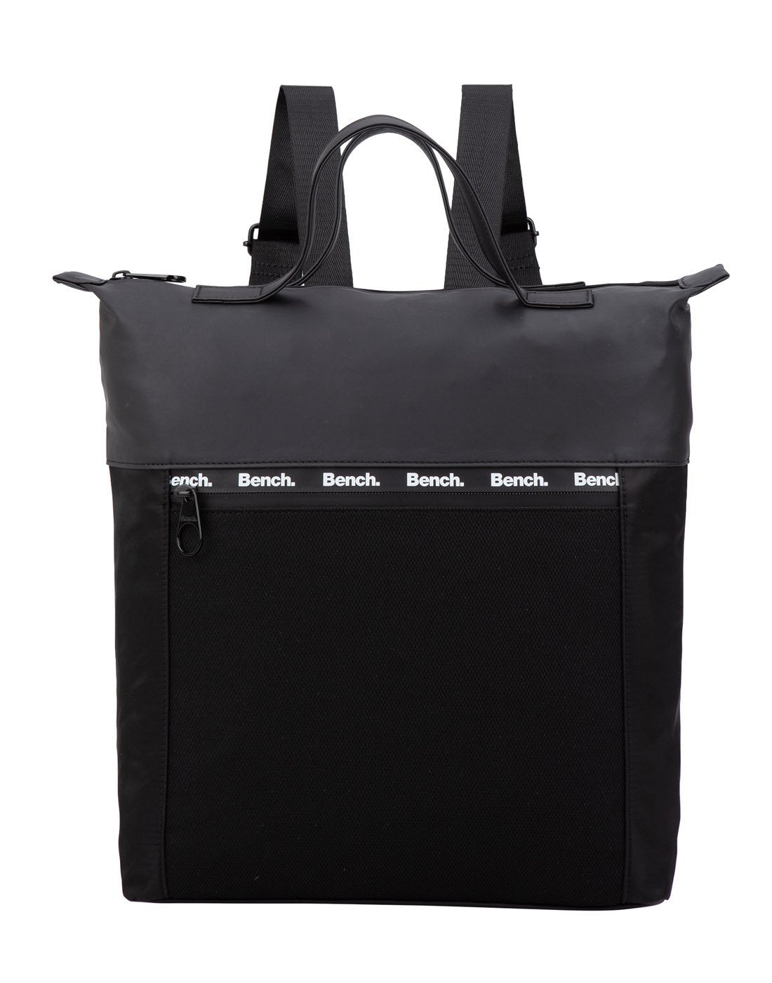 Bench Hukary Backpack in black, front view with white Bench logos across a zippered pocket and grab handles on top