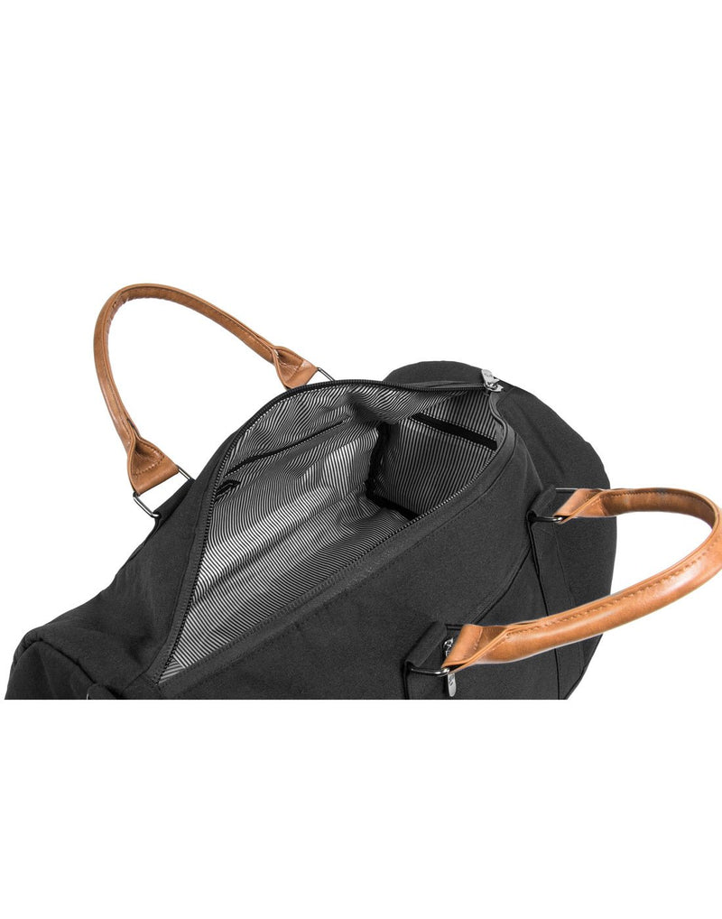 PKG Bishop II Duffle Bag in black with tan handles unzipped to show interior