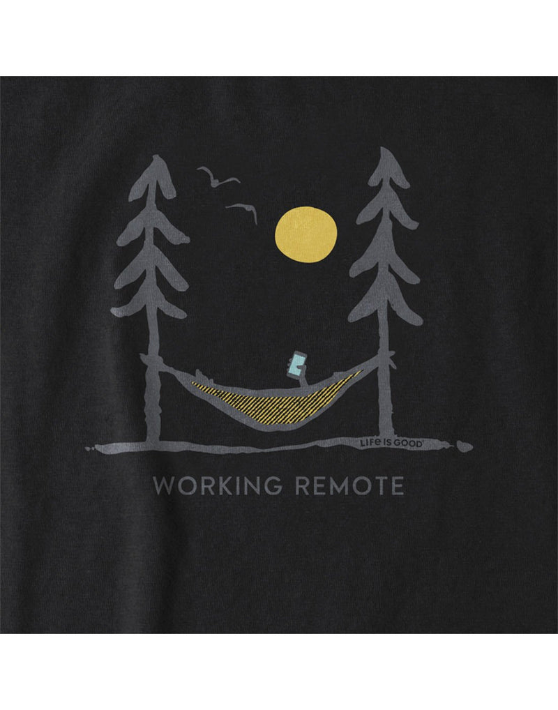 Life is Good Women's Working Remote Crusher Tee - jet black, close up of graphic of two trees with hammock between