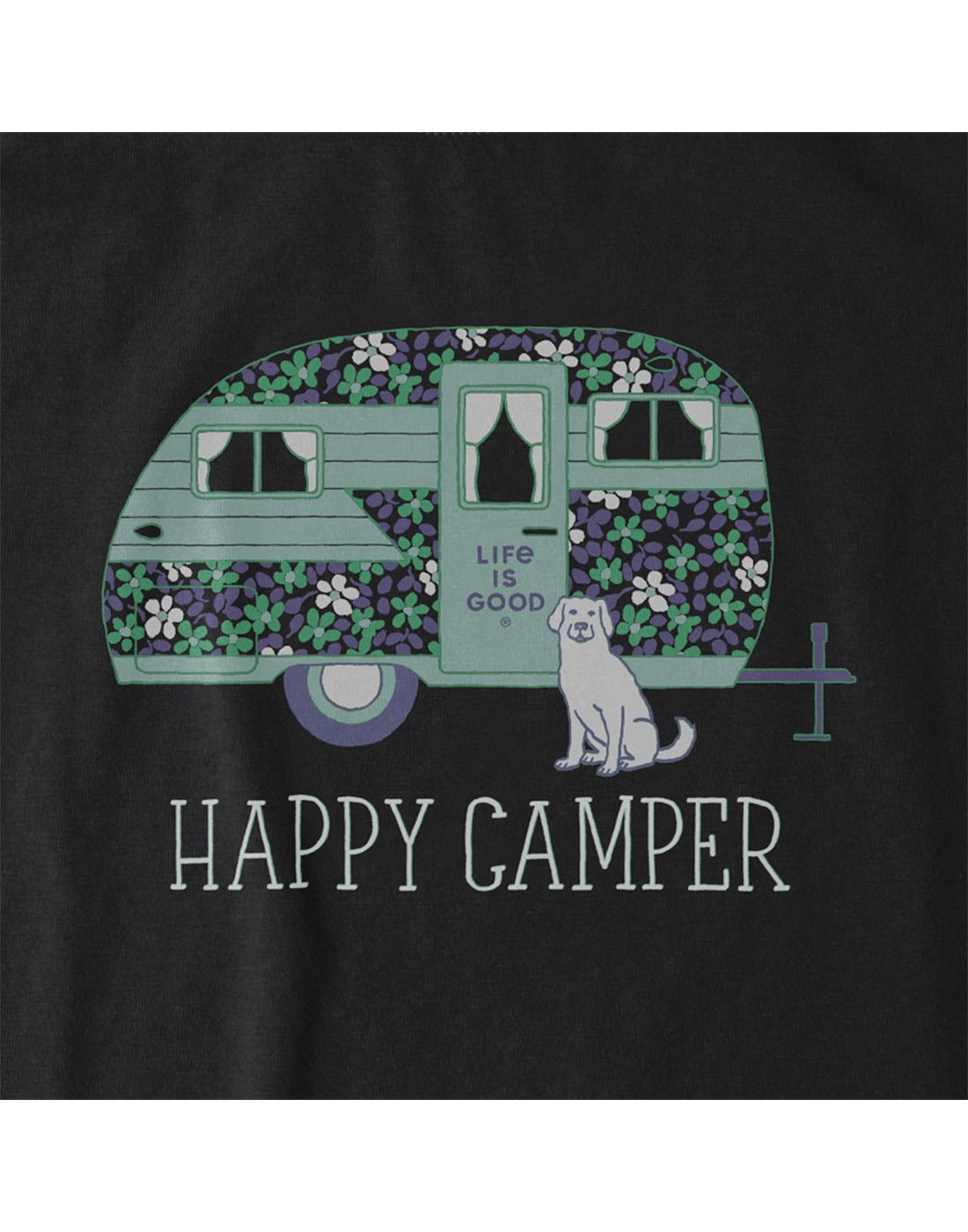 Life is Good Women's Happy Camper Crusher Tee  - jet black, close up of graphic - dog sitting beside a green camper covered in flowers with words "Happy Camper" below