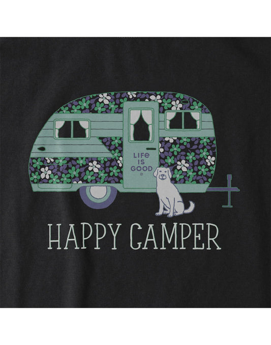 Product Image – Life is Good Women's Happy Camper Crusher Tee  - jet black, close up of graphic - dog sitting beside a green camper covered in flowers with words "Happy Camper" below