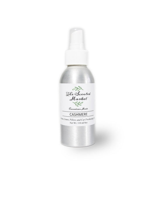 Product Image – The Scented Market Cashmere 4oz Room Spray in a metal pump spray bottle with white lid, front view