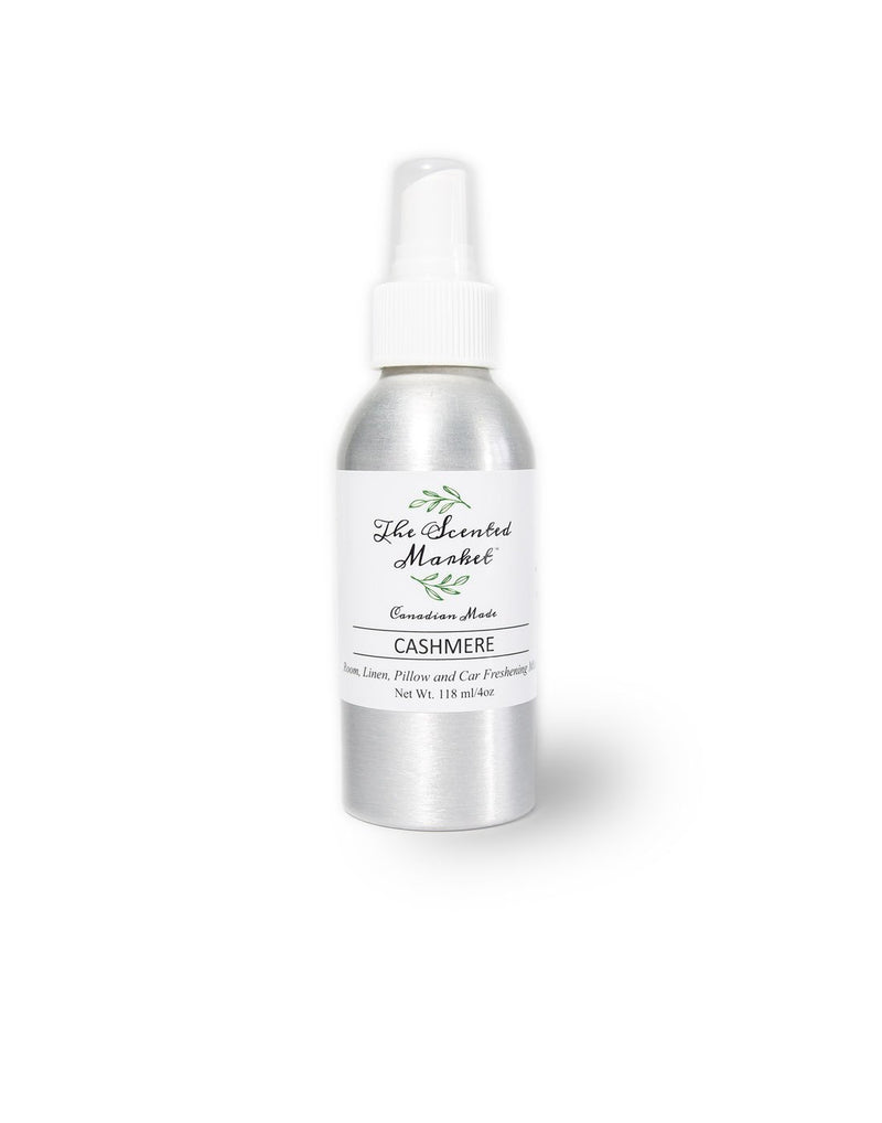 The Scented Market Cashmere 4oz Room Spray in a metal pump spray bottle with white lid, front view