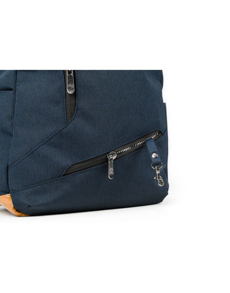 Close up of PKG Durham II Backpack - navy, side zipper with attached key ring loop
