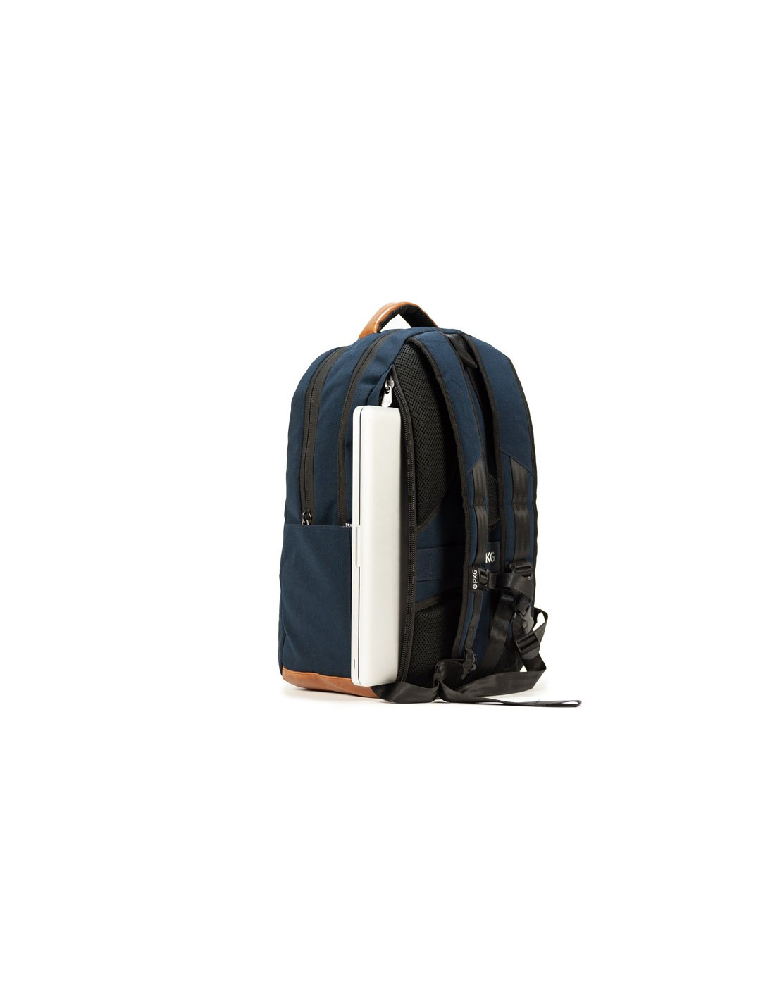 PKG Durham II Backpack - navy, side view showing laptop pocket along back panel