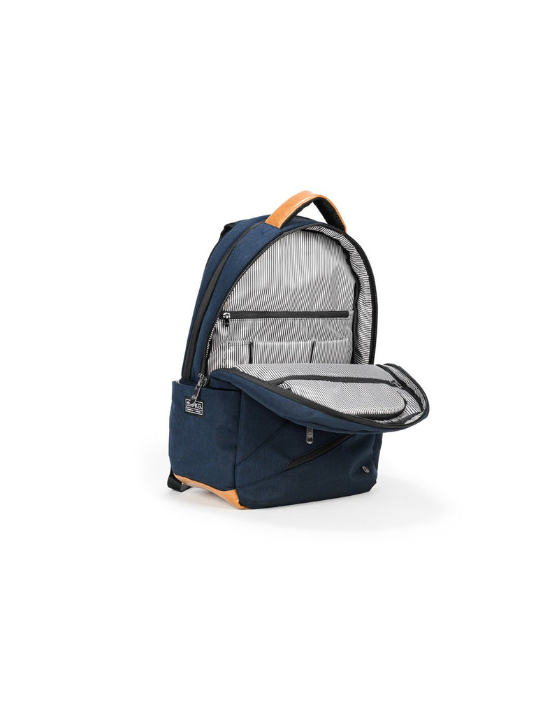 PKG Durham II Backpack - navy, unzipped showing inside of main compartment