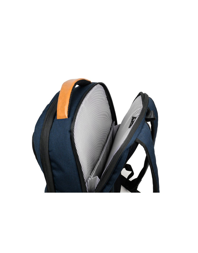 Close up of PKG Durham II Backpack - navy, unzipped showing separate top-load file compartment