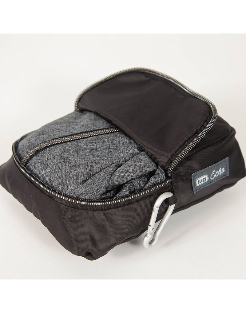 Lug echo heather grey packable backpack Folds into zip pouch corner view