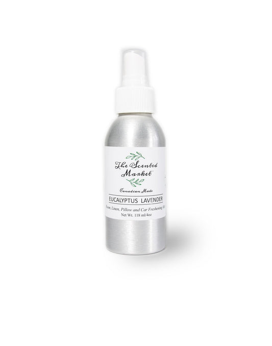 Product Image – The Scented Market Eucalyptus Lavender 4oz Room Spray in a metal pump spray bottle with white lid, front view