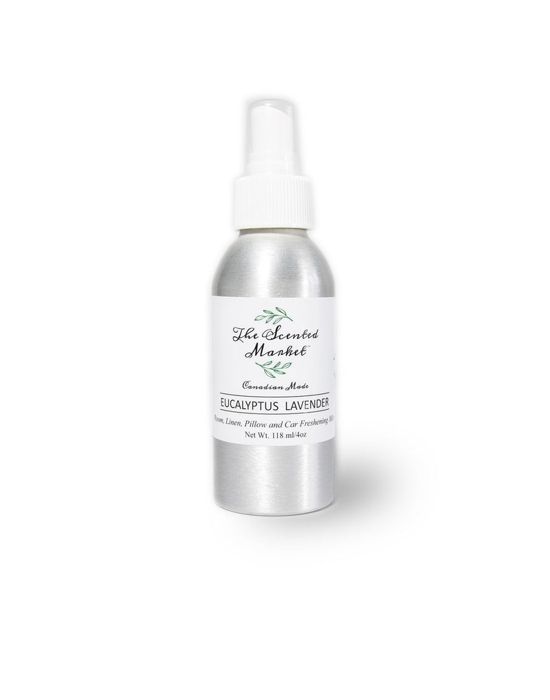The Scented Market Eucalyptus Lavender 4oz Room Spray in a metal pump spray bottle with white lid, front view