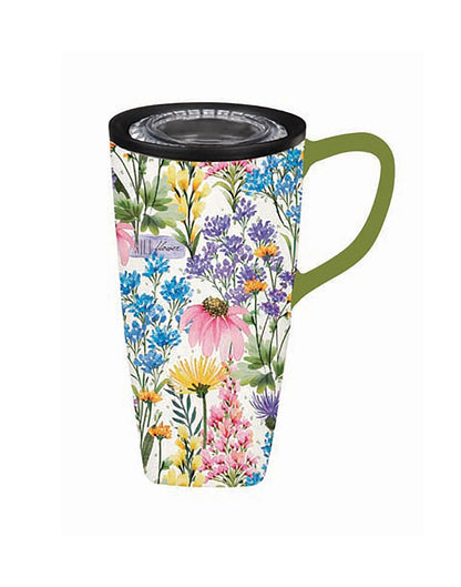 Evergreen Ceramic FLOMO 360 Travel Cup - 17oz Wildflower Sanctuary design with multi-colour flowers, green handle and black lid