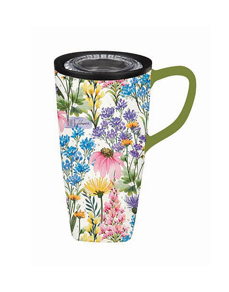 Evergreen Ceramic FLOMO 360 Travel Cup - 17oz Wildflower Sanctuary design with multi-colour flowers, green handle and black lid