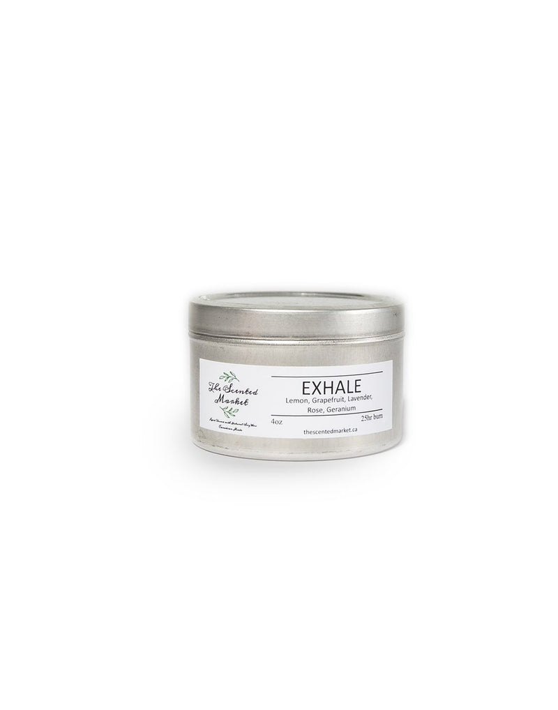 The Scented Market Exhale 4oz Essential Oil Candle in a silver tin with lid on, front view