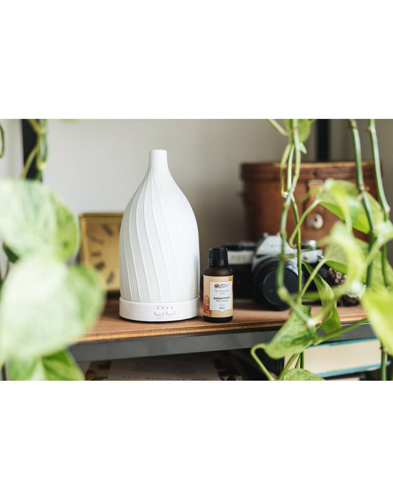 Fern & Petal White Ceramic Diffuser and peppermint essential oil bottle on a wooden table with vintage camera and clock in background and vines in the foreground