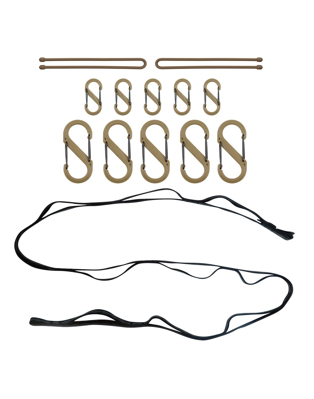 Nite Ize Gearline® Organization System components - two khaki gear ties, five small and five large khaki s-biners, and one black strap