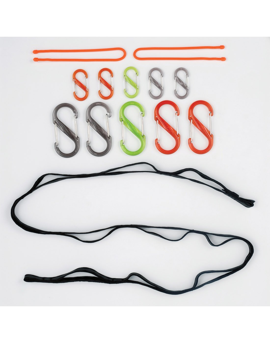 Nite Ize Gearline® Organization System components - two orange gear ties, five small and five large orange, green and grey s-biners, and one black strap